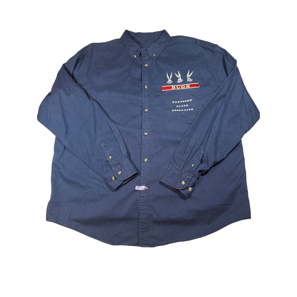 Vintage 90s Bugs Bunny Looney Tunes Navy Blue Button Down‎ Shirt Mens 2XL XXL